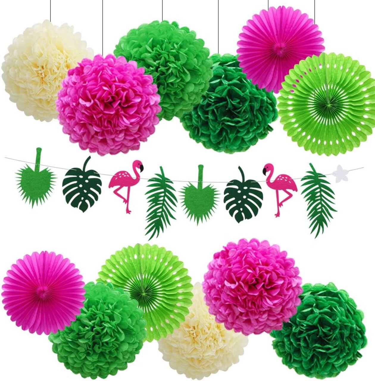 Hawaiian Party Decorations Flamingo Green Palm Leaf Banner with Pom Poms Paper Flowers Tissue Paper Fans for Luau Tropical Jungle Beach Safari Party Supplies Theme